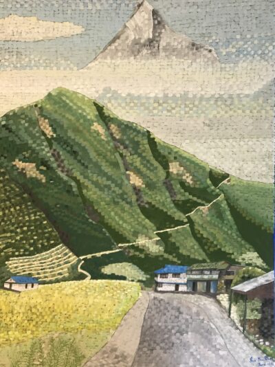 Machapuchare (Fish Tail). Fond memories of Trekking in Nepal | Oil on canvas. 75 x 55cms. June 2021 Hanging in the Magic Momo restaurant Wembley.