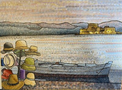 Hats and Bourtzi castle at Nefplion in the Peloponesse | Acrylic on canvas. 45 x 60 cms. July 2024. Sold.