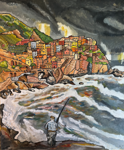Cinque Terre 2 – storm over Manorola | Acrylic on canvas. 50 x 60 cms. October 2024. Sold.