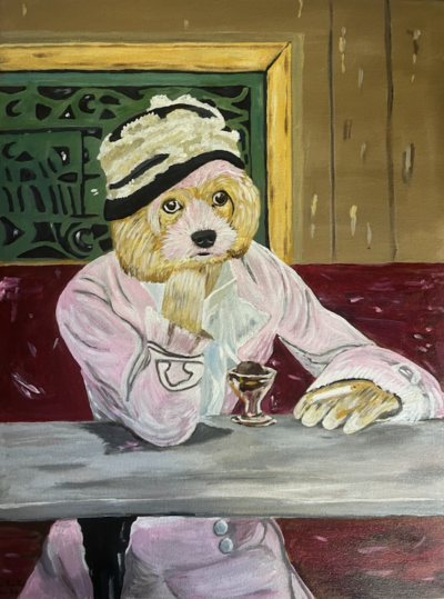Manet’s Plum Brandy, canine style. | Acrylic on canvas. 50 x 40 cms. January 2026.