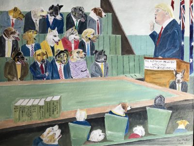 Dog Parliament welcoming the Pussy Grabber in Chief | Oil on canvas. 45 x 61cm. 2018