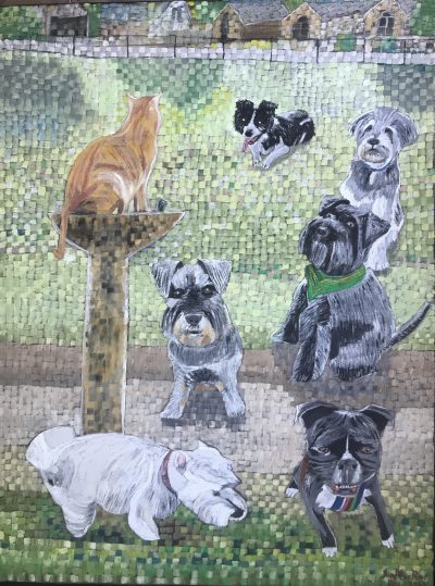 The Cowden Park dogs with an unwelcome visitor | Oil on canvas 50 x 60 cms. Dec 2021