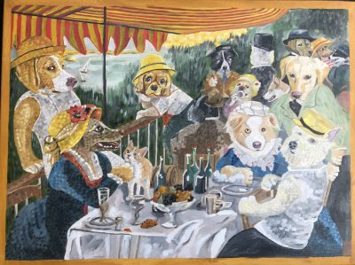 Renoir’s Dogs. The Boating Party. | Oil and acrylic on canvas. 45 x 60cms. October 2022.