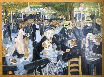August Renoir’s dogs – Bal du moulin de la Galette | Oil and acrylic on canvas board. 45 x 60 cms. January 2023. Sold