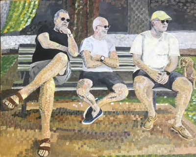 In memory of Steve offering wisdom on the Bullshit Bench | Oil and acrylic on canvas. 40 x 50 cms. March 2023. Sold