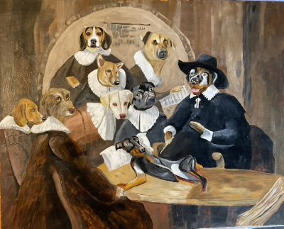 Canine homage to Rembrandt (The anatomy lesson of Dr. Nicholaes Tulp). | Oil and acrylic on canvas 45 x 50 cms. May 2023.