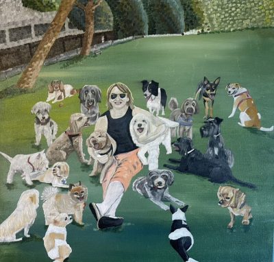 The Cowden Park dog whisperer and friends | Oil and acrylic on canvas. 50 x 50 cms. February 2024.