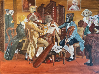 Joseph Haydn conducting string quartet (canine version) | Oil and acrylic on canvas. 60 x 45cms. February 2024.