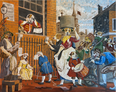 Hogarth’s Angry Musician, with dogs. | Oil and acrylic on canvas. 50 x 60 cms. March 2024.