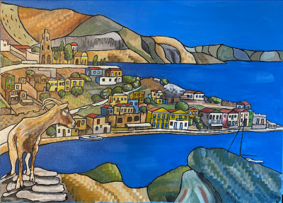 In search of Michael Mosley. Symi 2024. | Acrylic on canvas. 45 x 60 cms. July 20024.