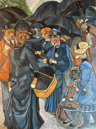 Renoir’s Umbrellas with dogs. | Acrylic and oil on canvas. 45 x 60 cms. August 2024.