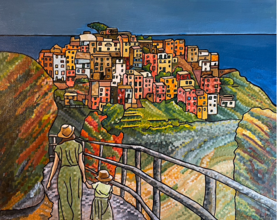 Walking the Cinque Terre. | Acrylic and pen on canvas. 50 x 60 cms. September 2024.