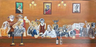 Dogs awaiting US election result | Oil and acrylic on canvas. 90 x 45 cms. October 2024.