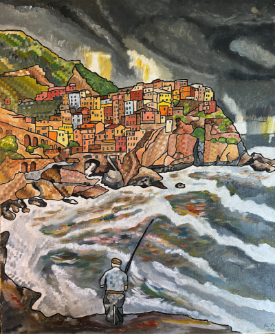 Cinque Terre 2 – storm over Manorola | Acrylic on canvas. 50 x 60 cms. October 2024.