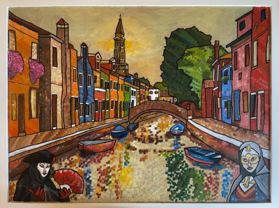 Colourful Burano, and Venetians | Acrylic on canvas, 60 x 45 cms. November 2024.