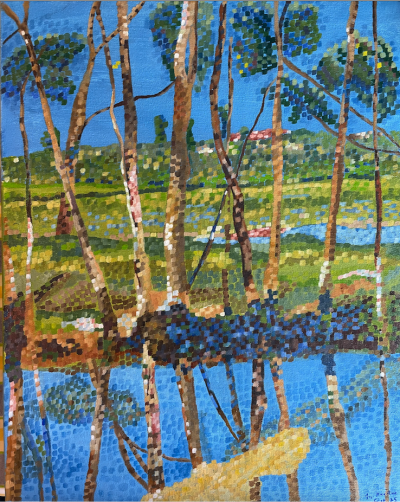 Across the lake to West Leederville | Acrylic on canvas. 50 x 40 cm. September 2025.